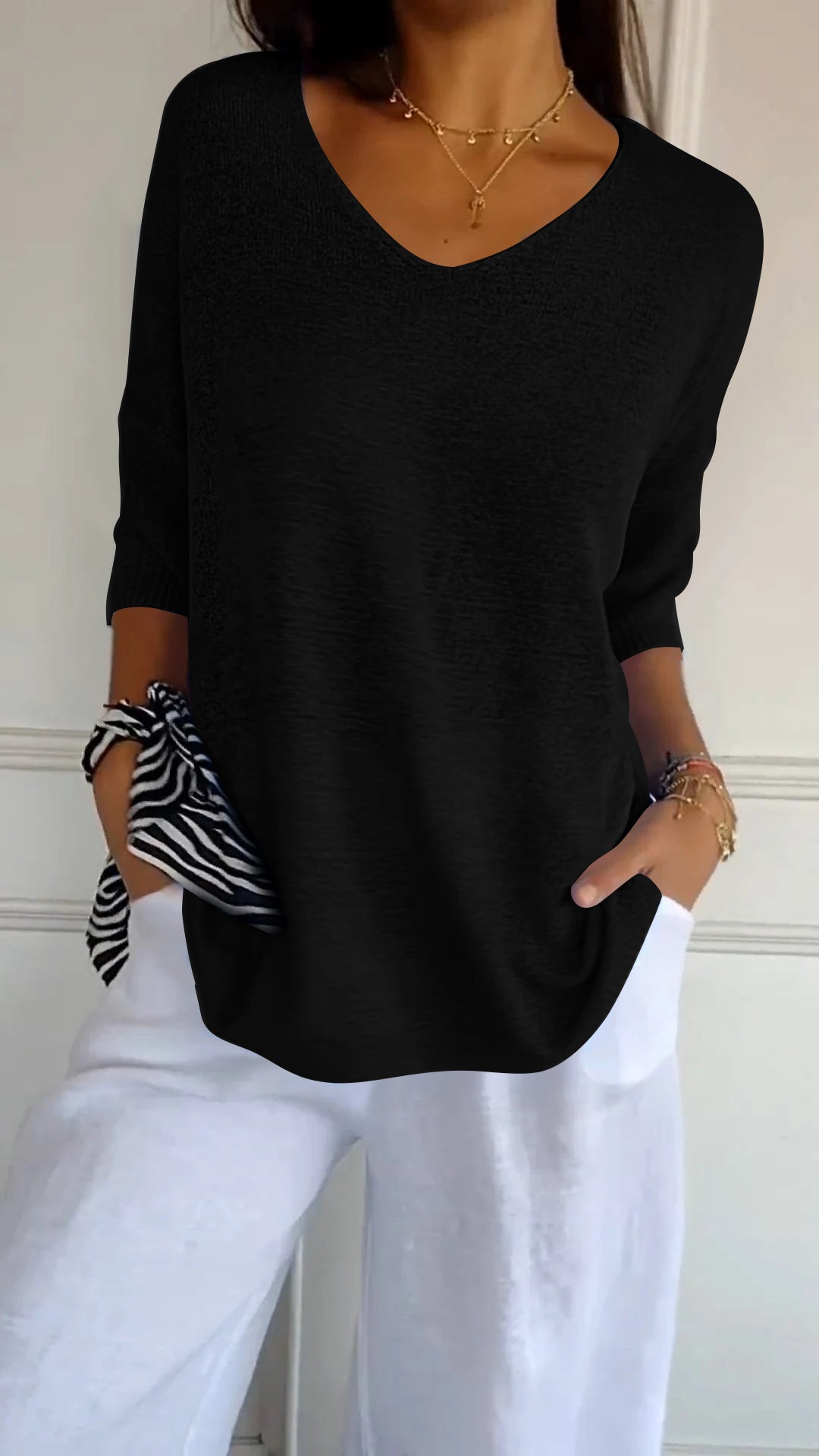 Plain Knit V-Neck Top